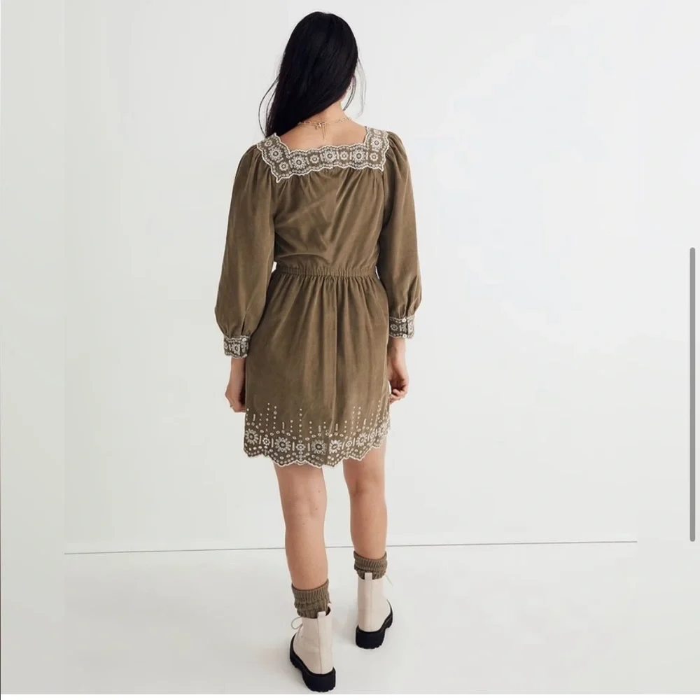 NWT Madewell Embroidered Corduroy Square-Neck Mini Dress - Green - Medium Petite - Picture 4 of 11